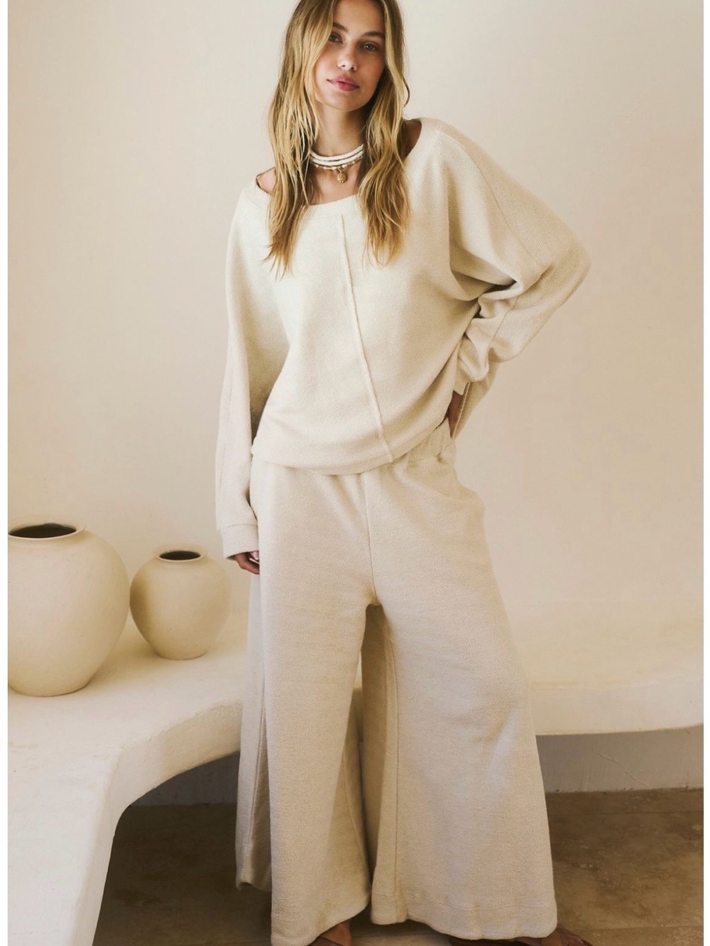 Free People Wide Leg Knit Lounge Pants and High Low Top in Cream.